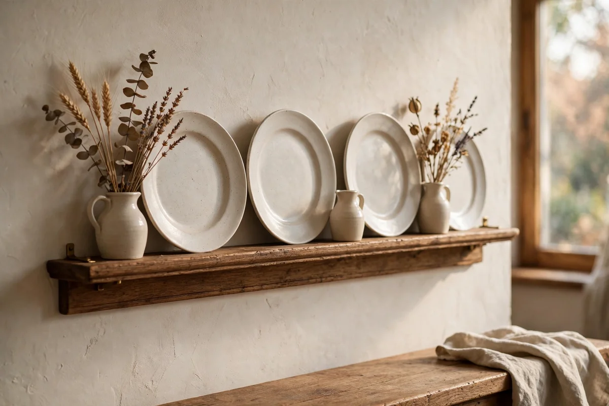 Plate rail styled with upright plates, small jugs and dried stems