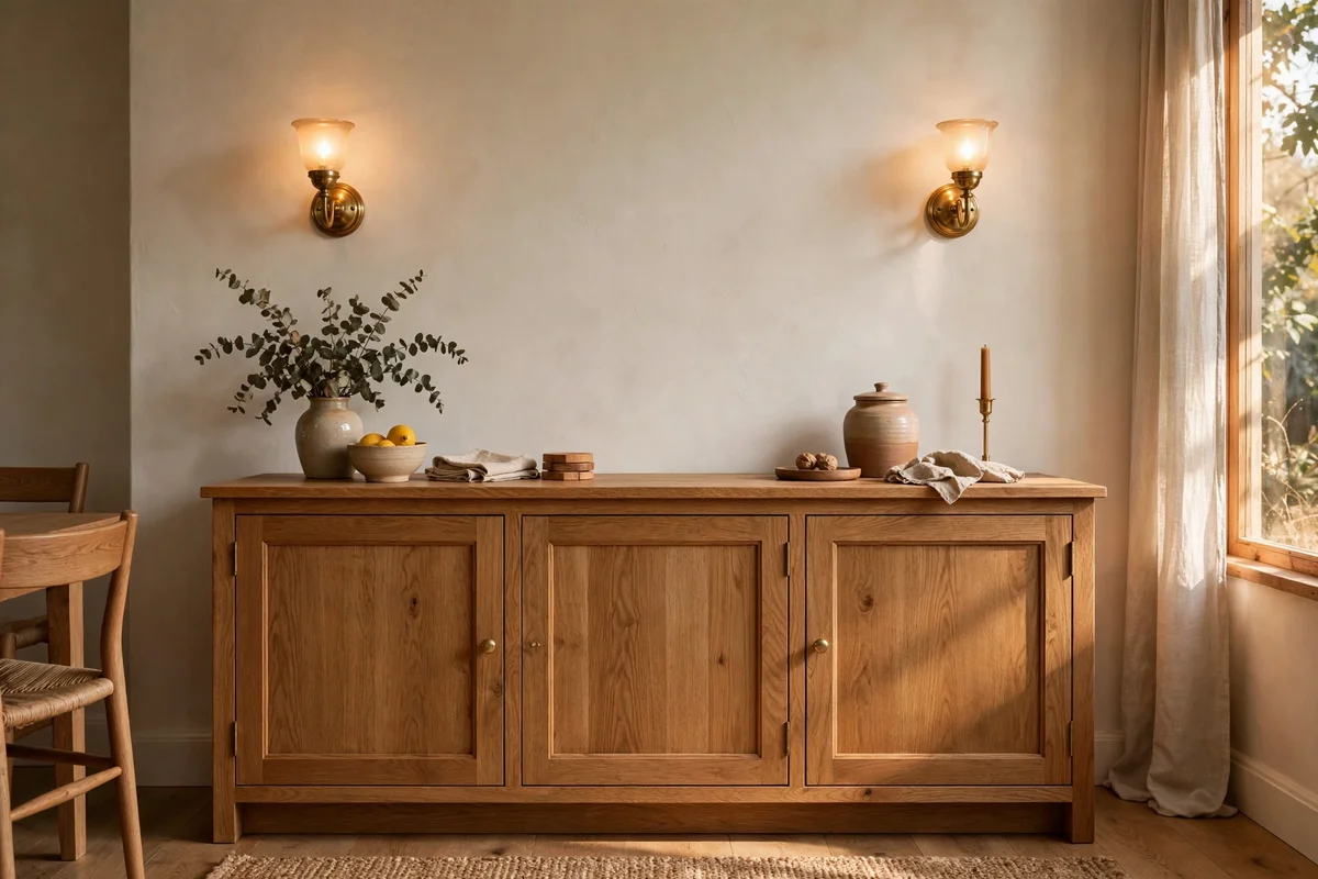 Oak sideboard with a pair of brass wall sconces either side