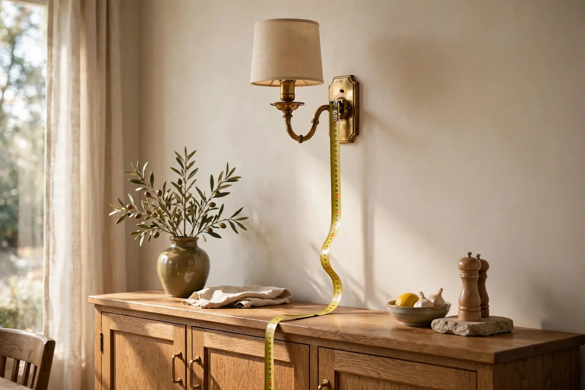 Wall sconce mounted at a measured height above the sideboard top