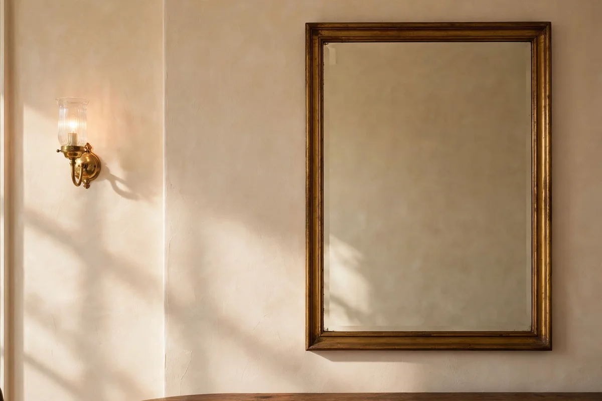 Mirror and sconce sharing a wall with clear painted space between