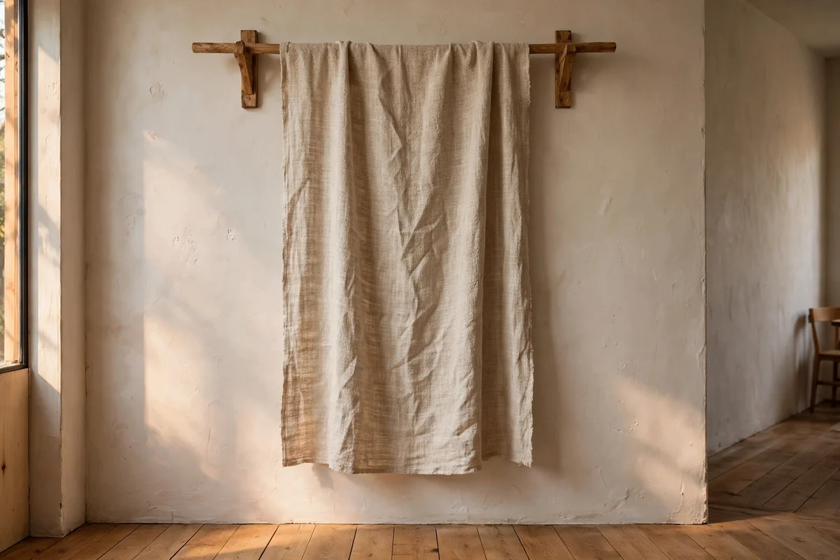 Plain weave textile hanging on a wooden dowel on the dining room wall