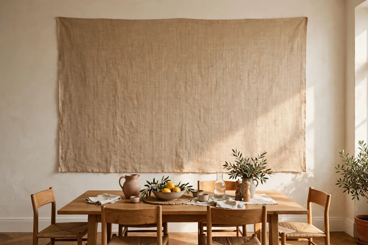 Textile sized to two thirds of the wall width above a dining table