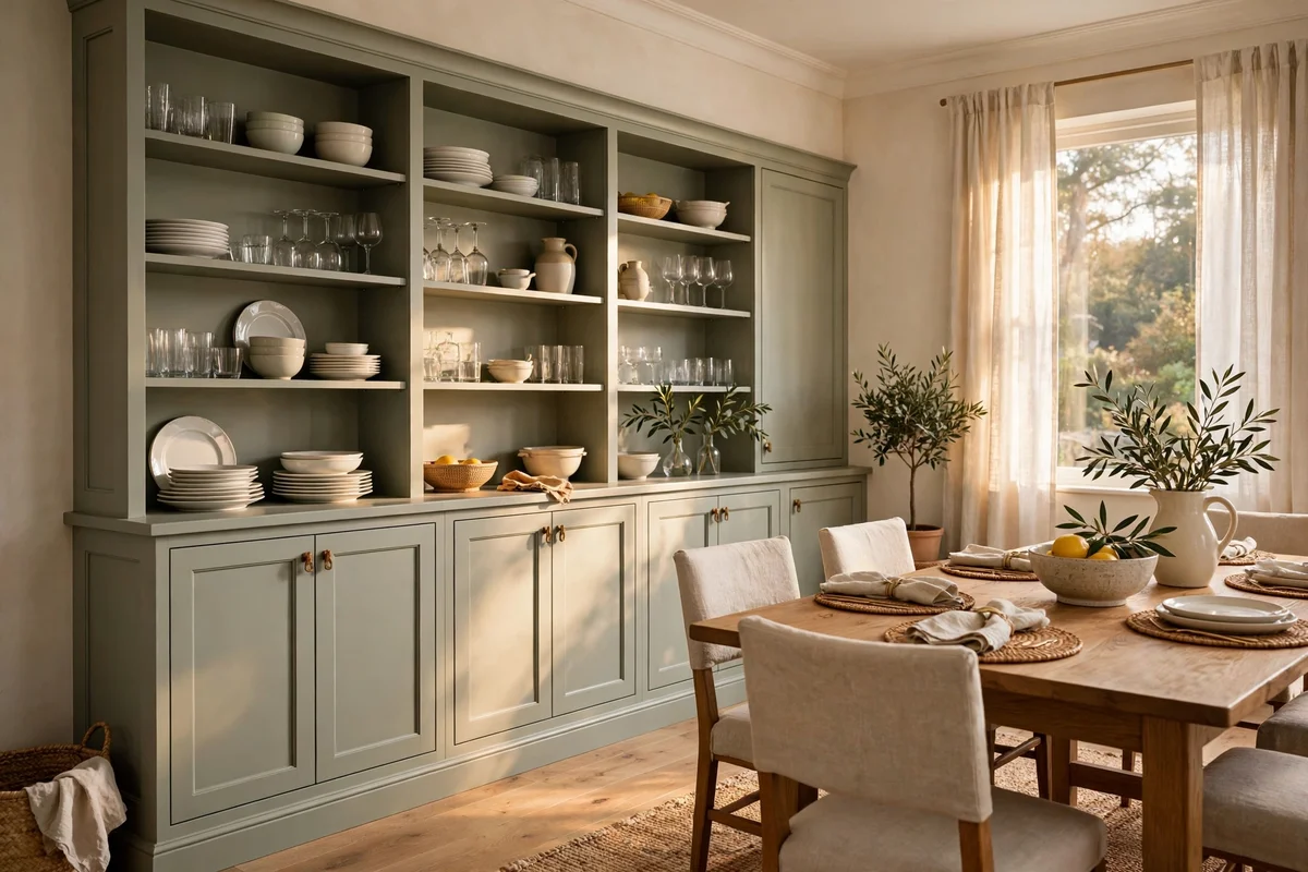 Built in shallow cabinetry along one dining room wall for tableware