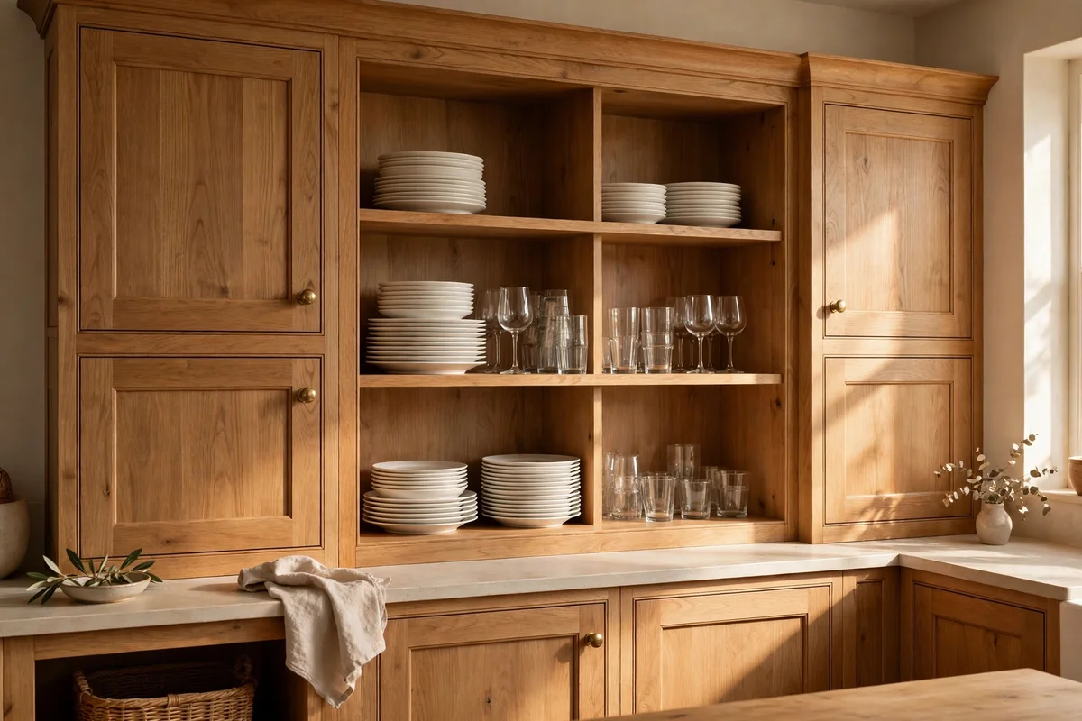 Open shelf gaps in built in cabinetry displaying everyday plates