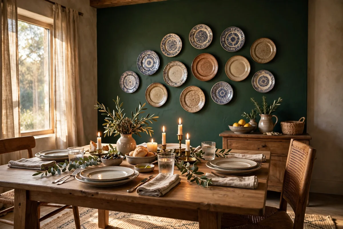 Deep heritage green accent wall behind the dining table