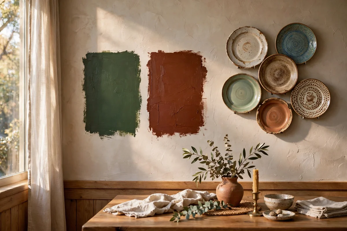 Heritage green and deep russet paint swatches tested on the wall