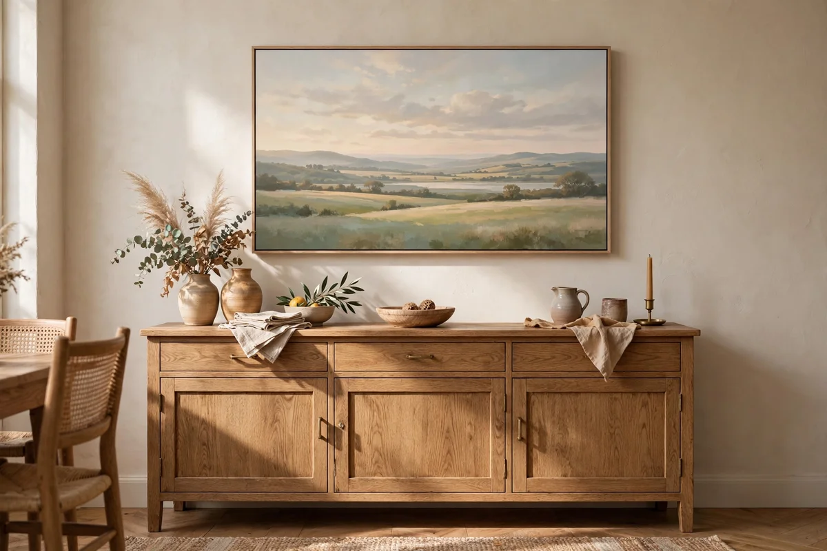 Wide landscape canvas centred over a dining room sideboard