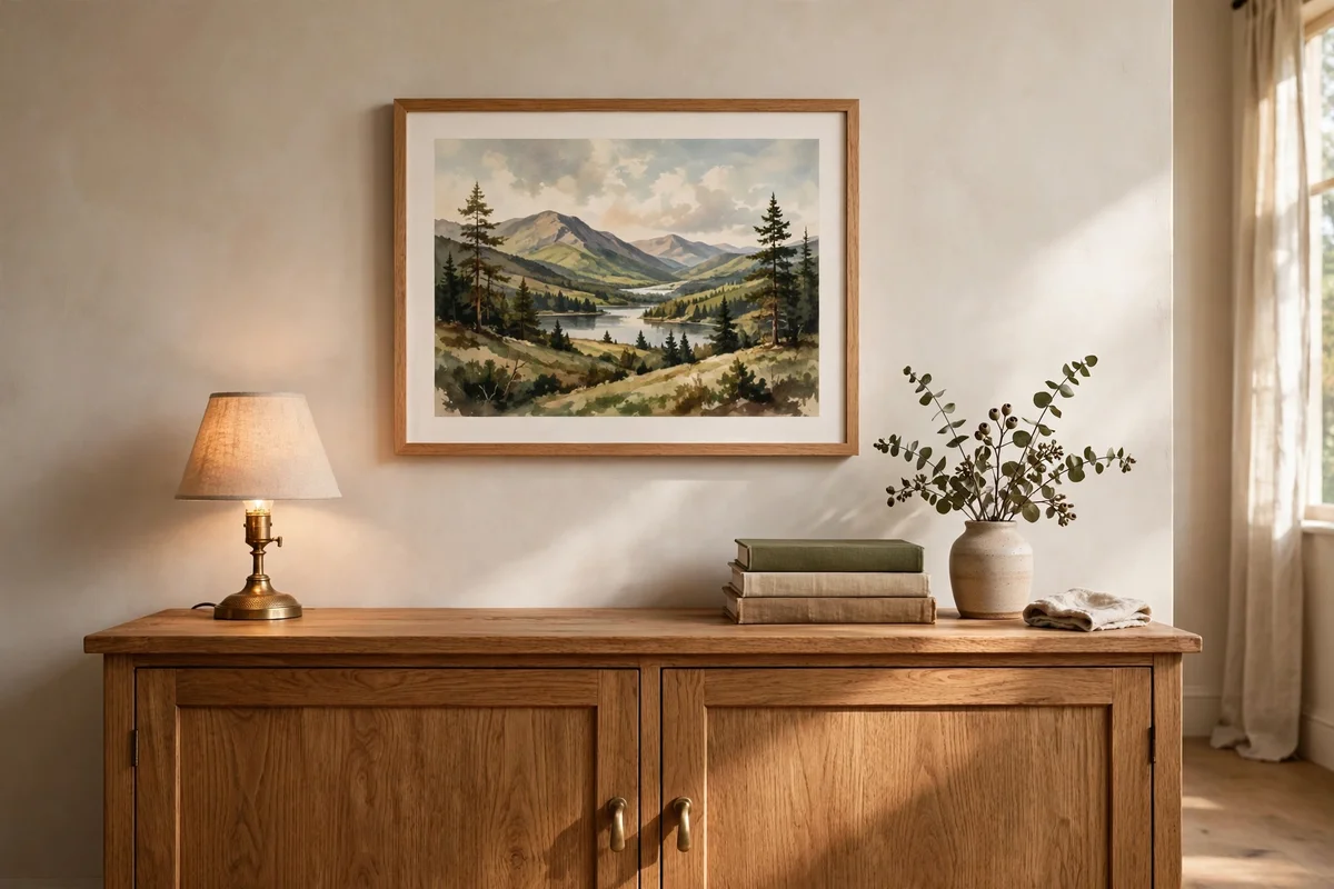 Artwork hung 15 to 20 cm above a styled sideboard surface
