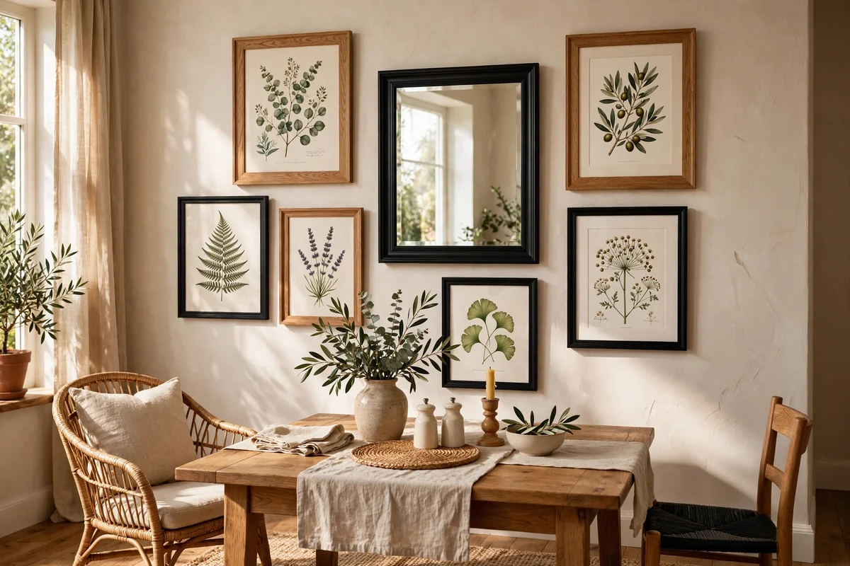 Wall gallery using only two matching frame finishes across the room