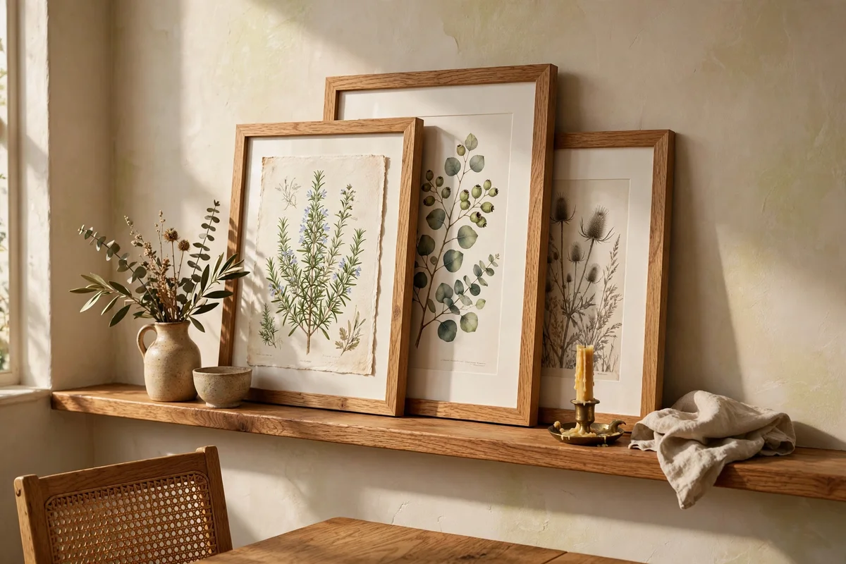 Narrow picture ledge with layered leaning framed prints
