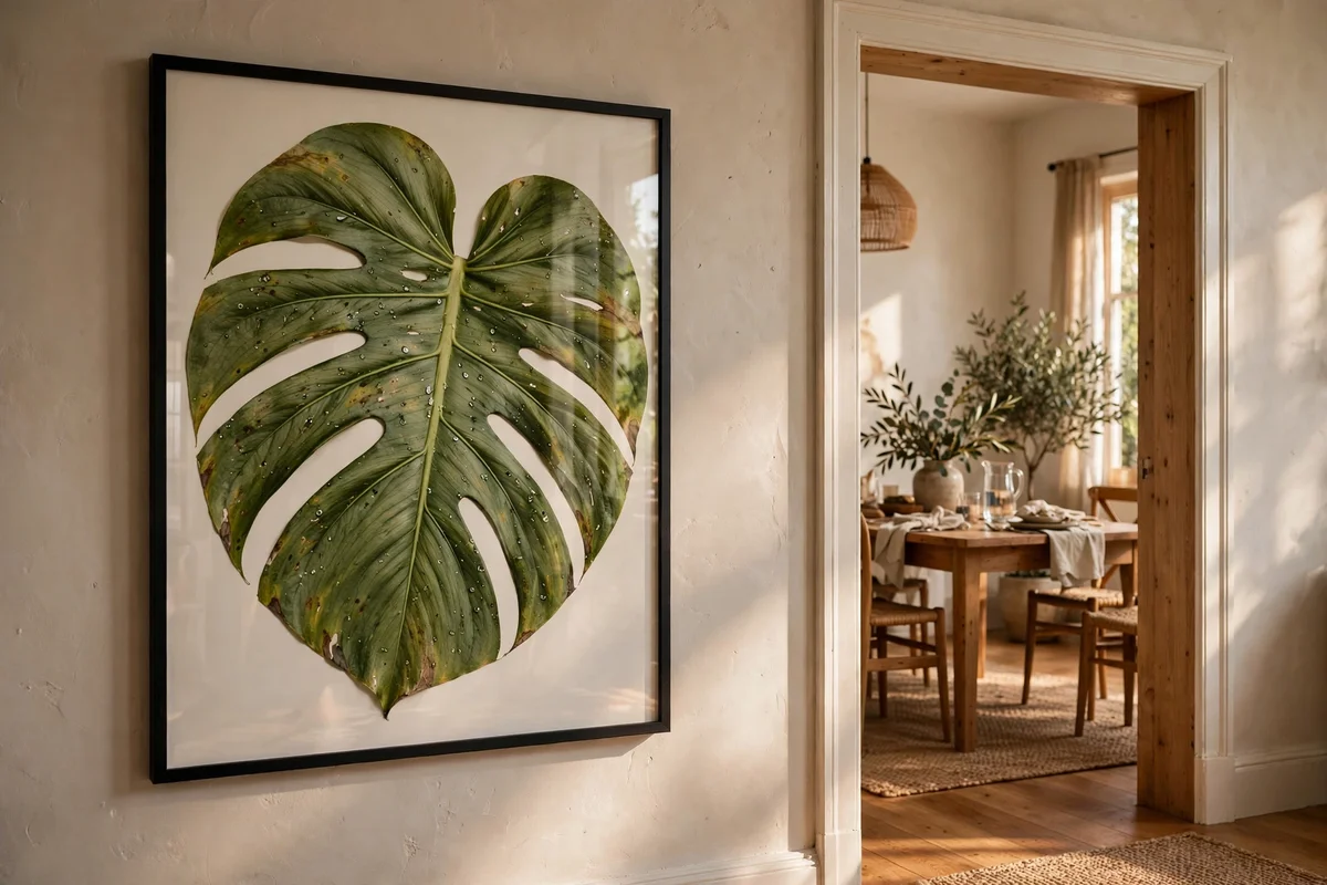 Oversized botanical leaf study framed beside the dining room doorway