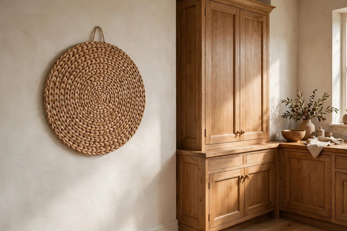 Single round woven charger hung flat on a quiet stretch of wall