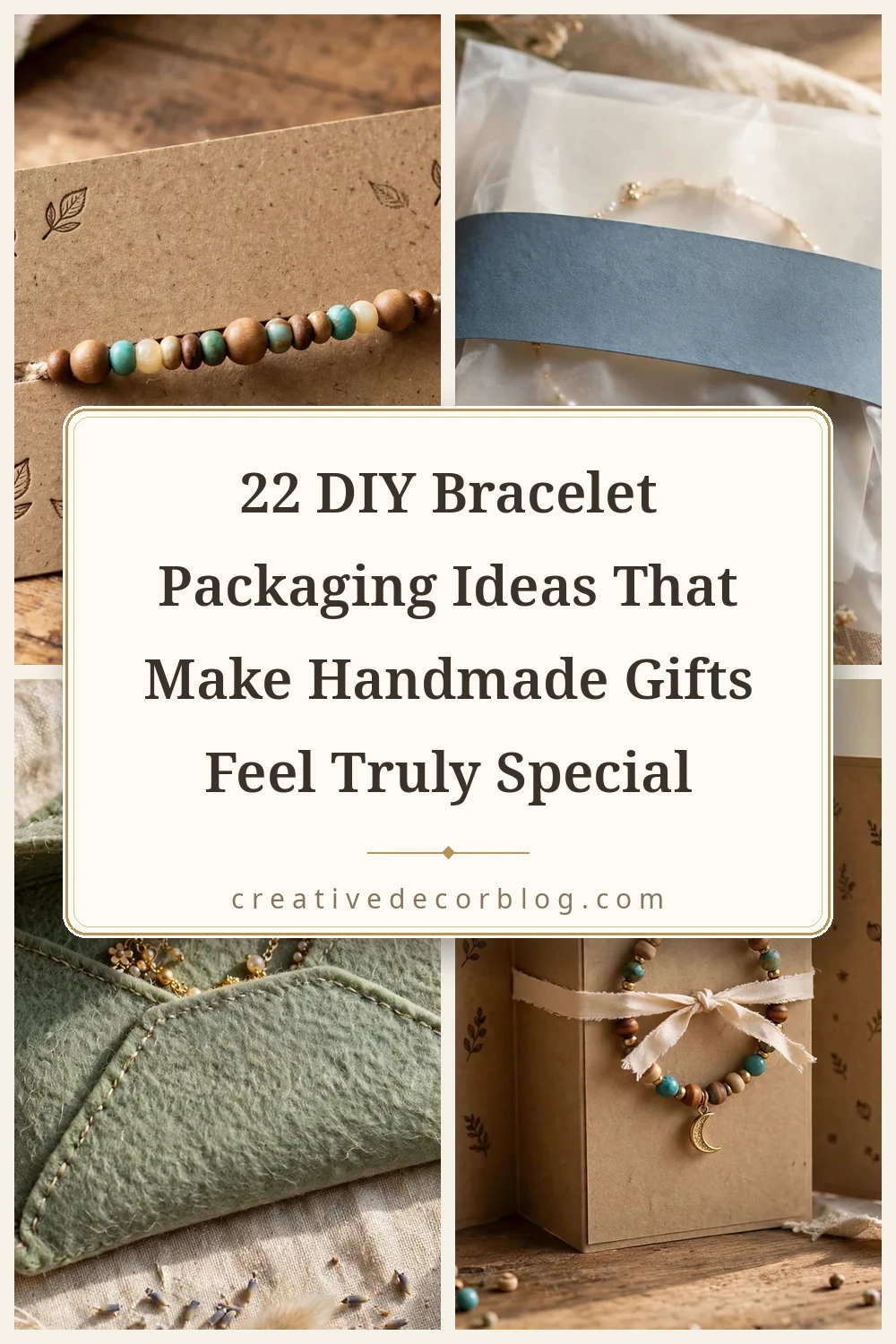 Pinterest pin collage for 22 DIY bracelet packaging ideas with title on a cream background