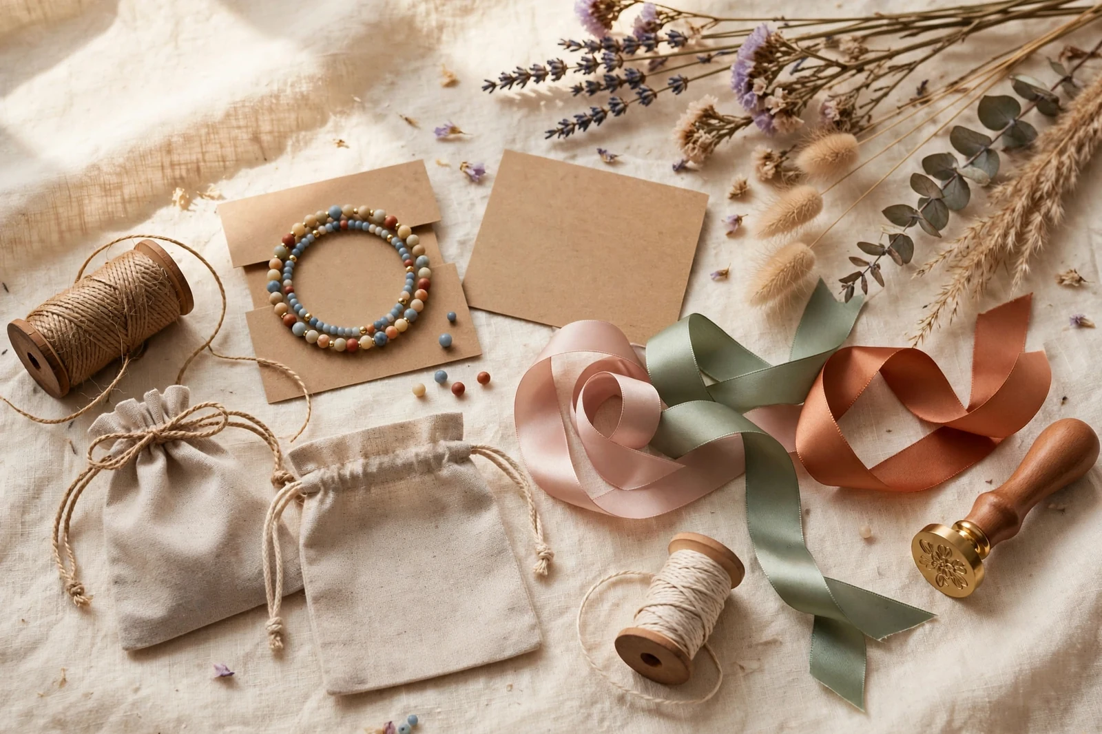 Flat lay of DIY bracelet packaging supplies including kraft cards, linen pouches, ribbons, and dried flowers on cream linen