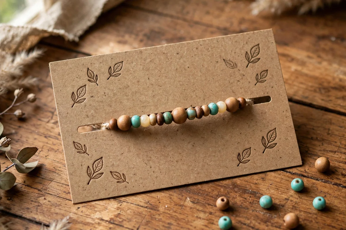 Beaded bracelet on a rustic kraft card with hand-stamped leaf motifs
