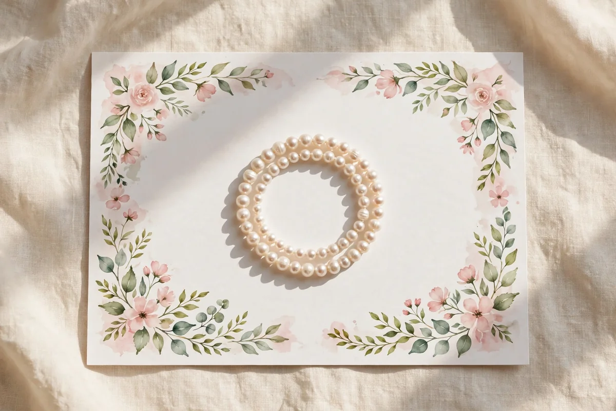 Pearl bracelet on a white card with soft watercolor floral border