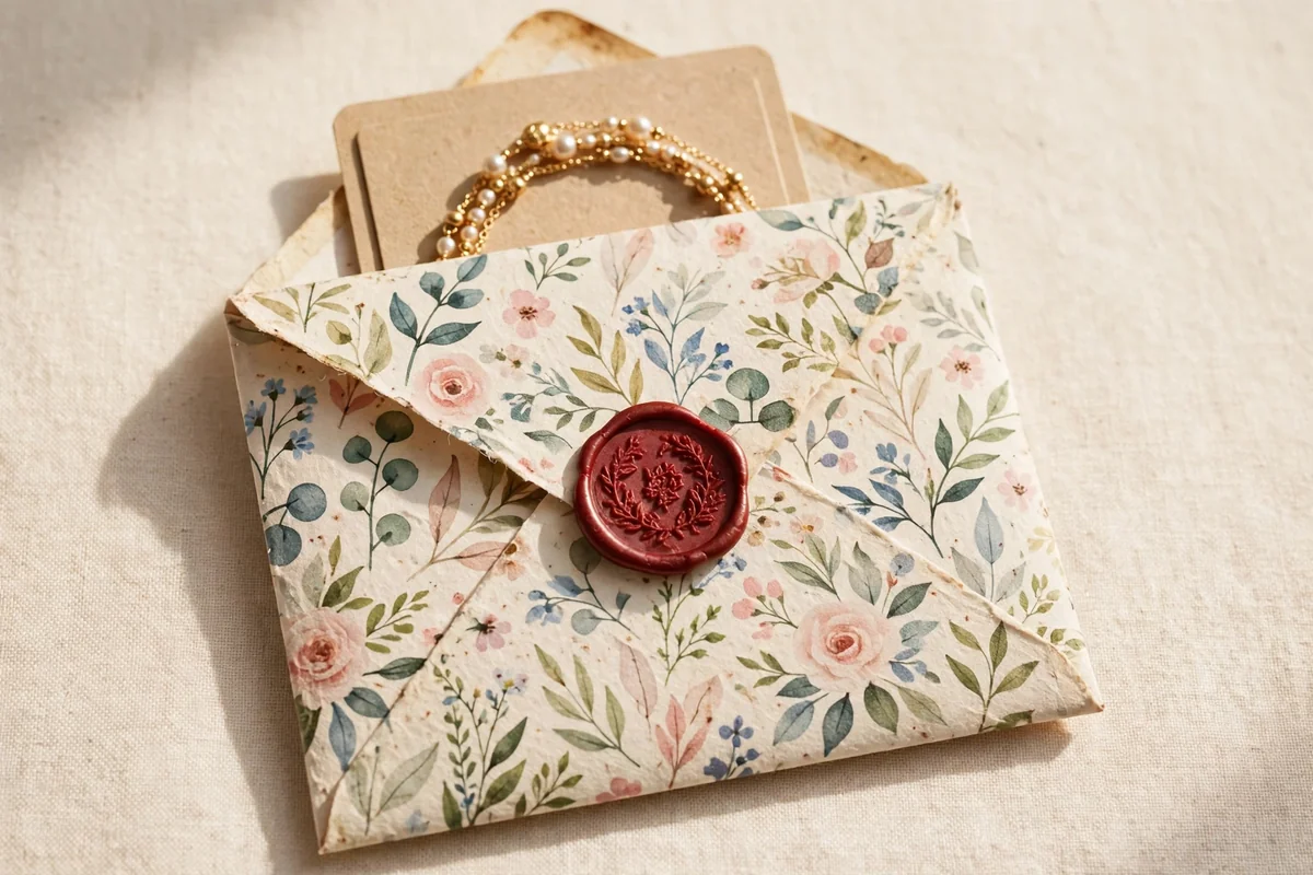 Small handmade floral paper envelope with a bracelet card peeking out