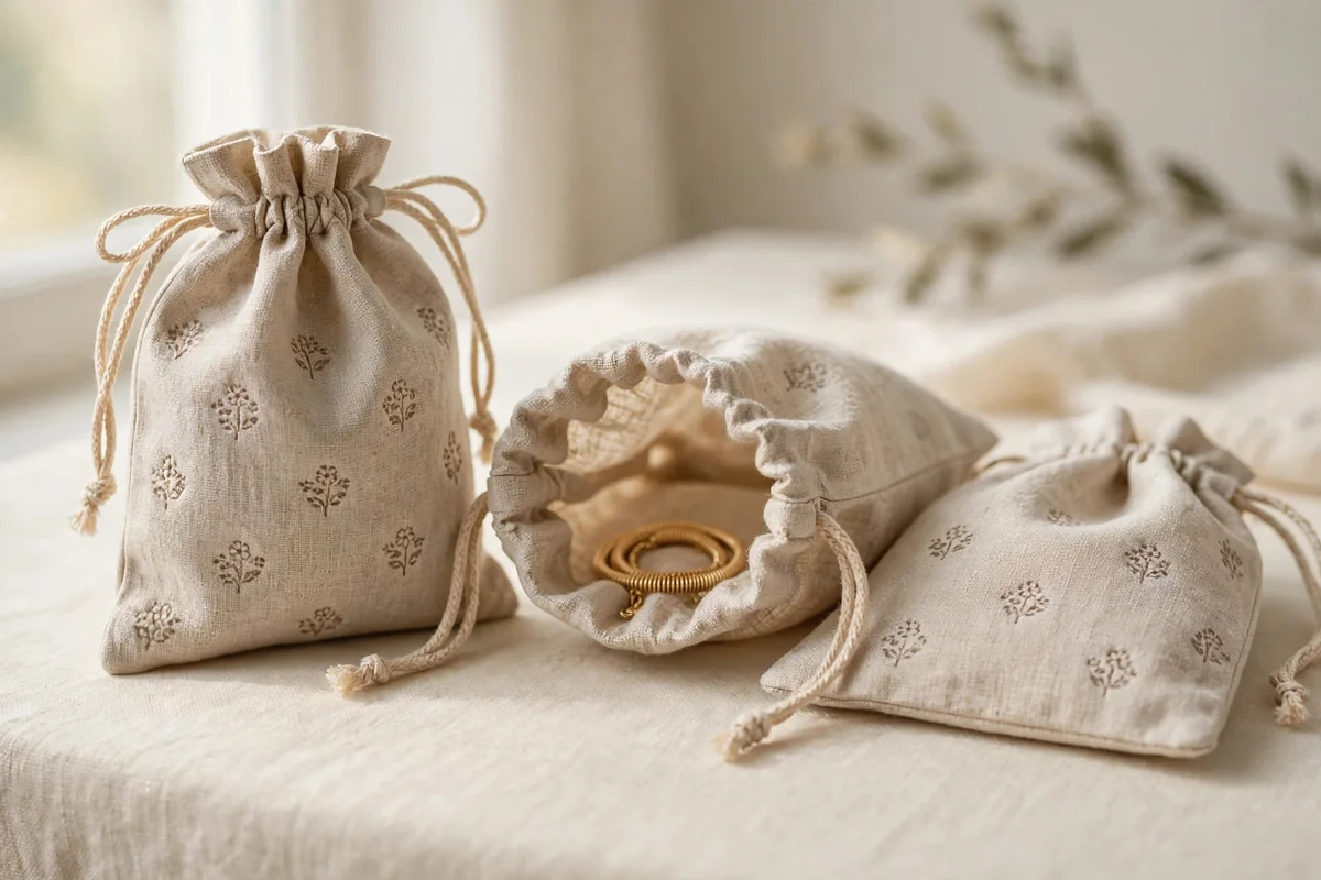 Natural linen drawstring pouches with a gold bracelet and stamped motif