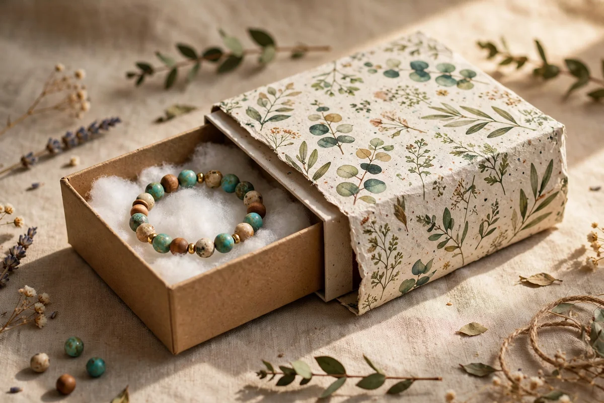 Handmade matchbox-style drawer box with botanical sleeve holding a bracelet
