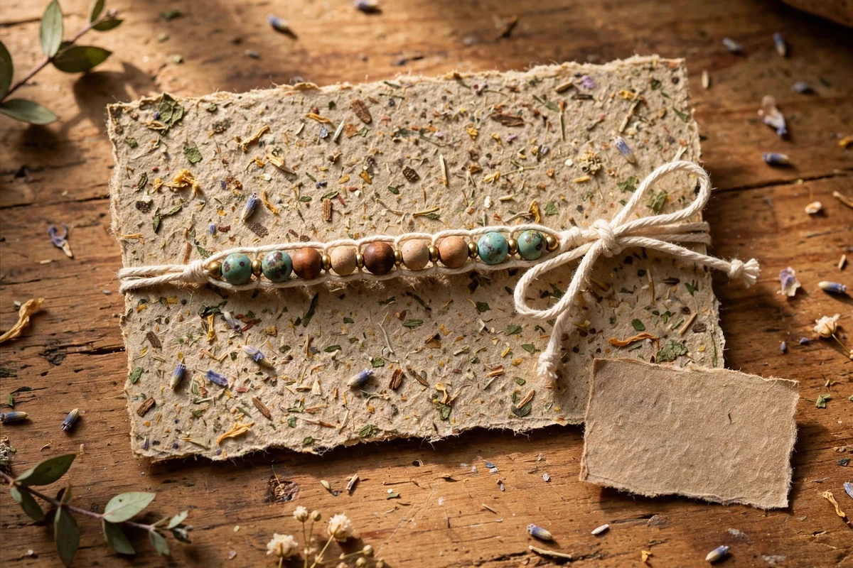 Bracelet on plantable seed paper card with natural flecks and cotton ties