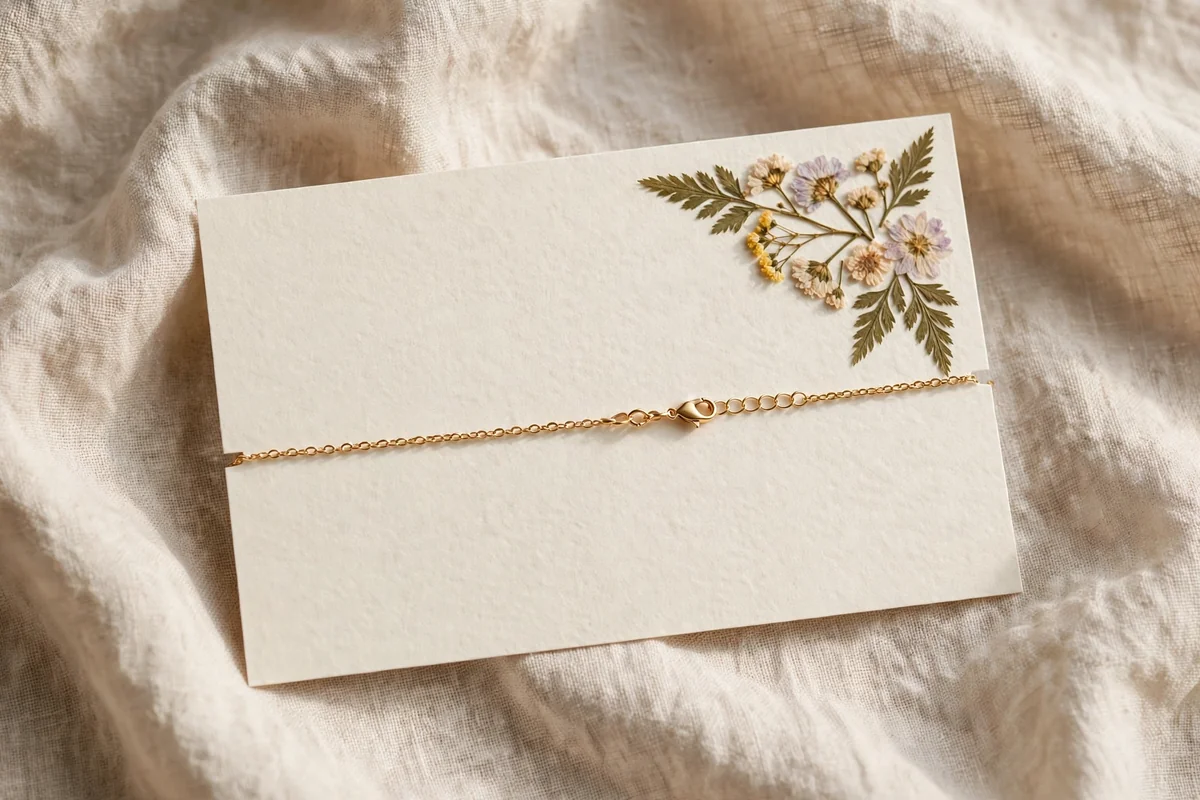 Gold chain bracelet on a cream card with pressed dried flowers