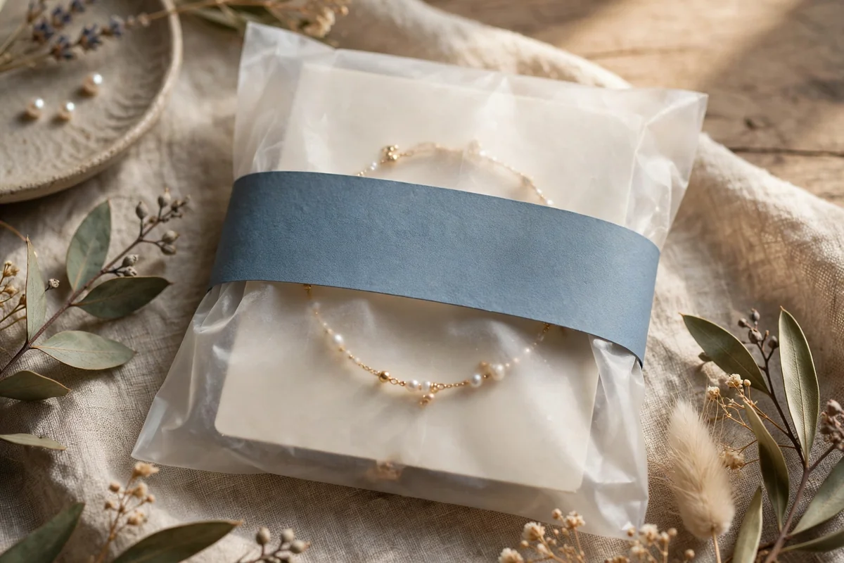 Bracelet card wrapped in sheer vellum with a dusty blue belly band