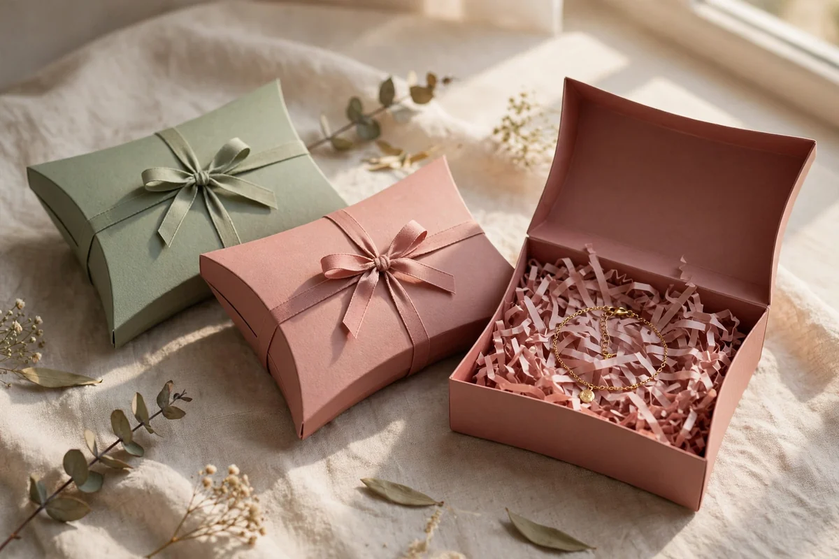 Petite curved pillow gift boxes in dusty rose and sage with ribbons