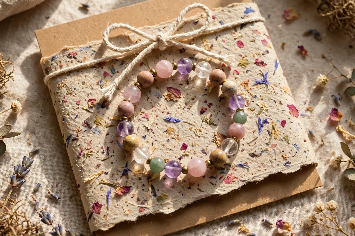 Gemstone bracelet card wrapped in textured handmade paper sleeve