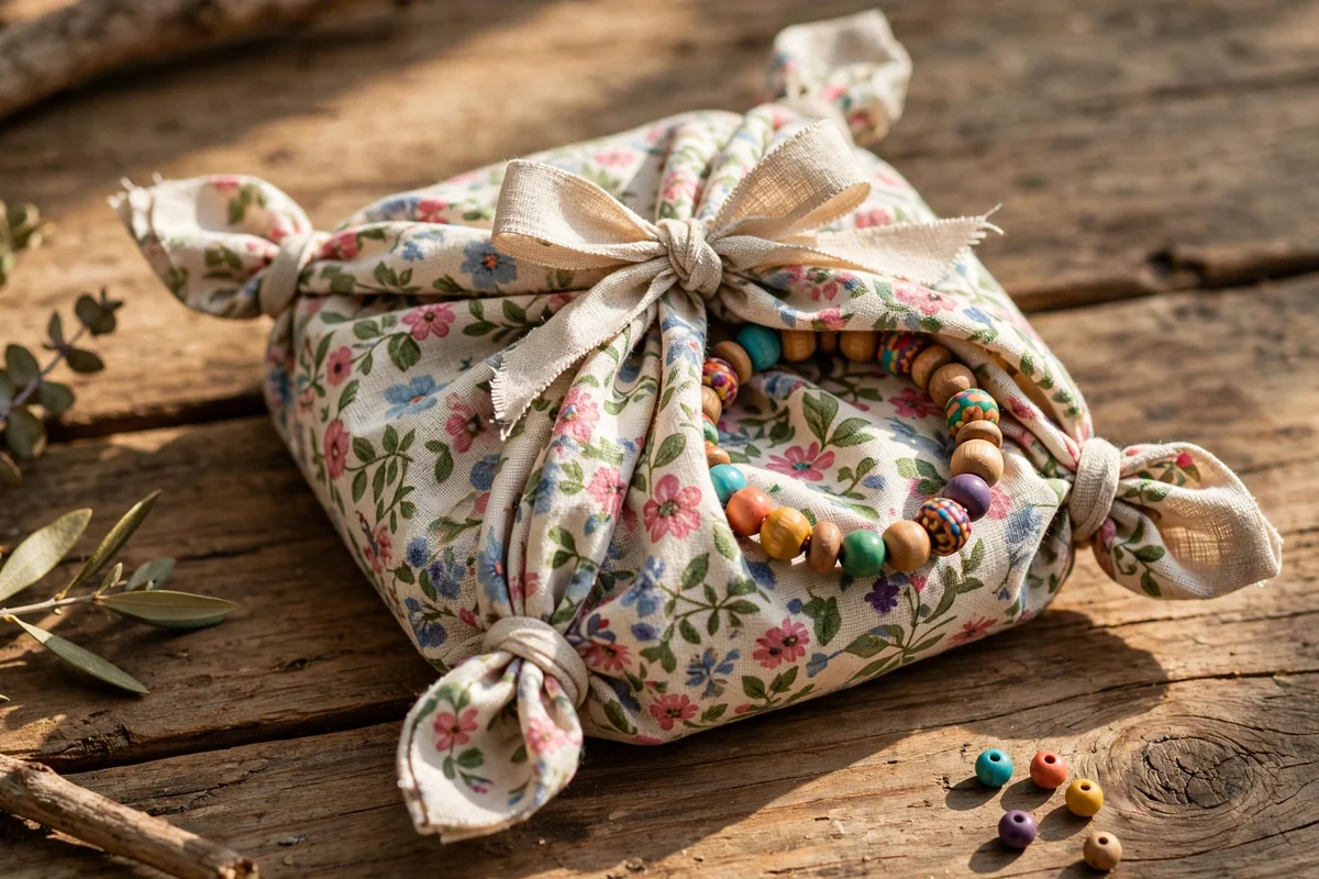 Beaded bracelet wrapped in a knotted floral fabric bundle