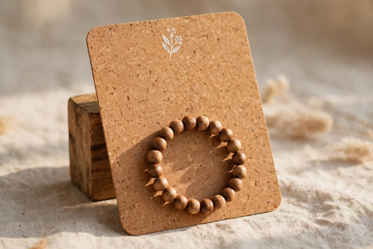 Wooden bead bracelet on a warm cork panel display card
