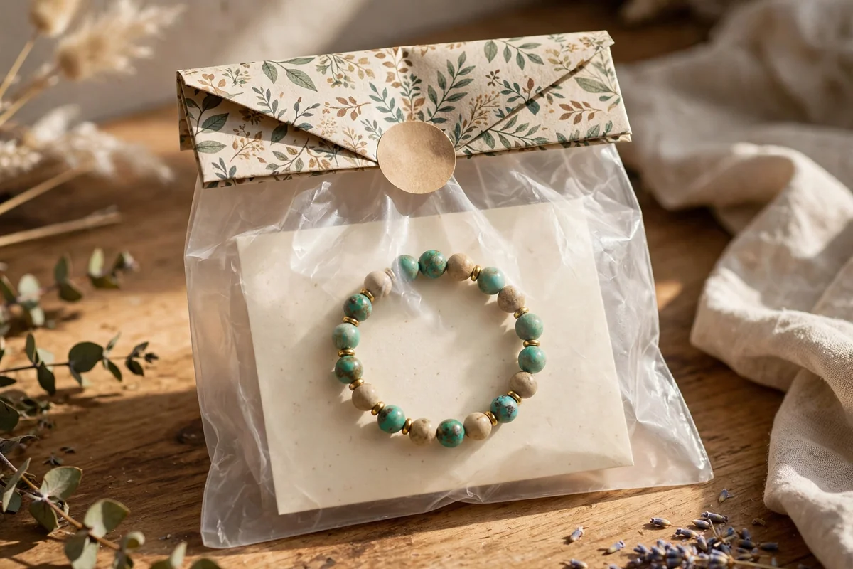Bracelet in a glassine sachet with a patterned header card