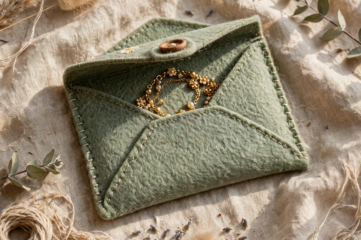 Hand-stitched sage felt pocket with embroidered daisy holding a bracelet