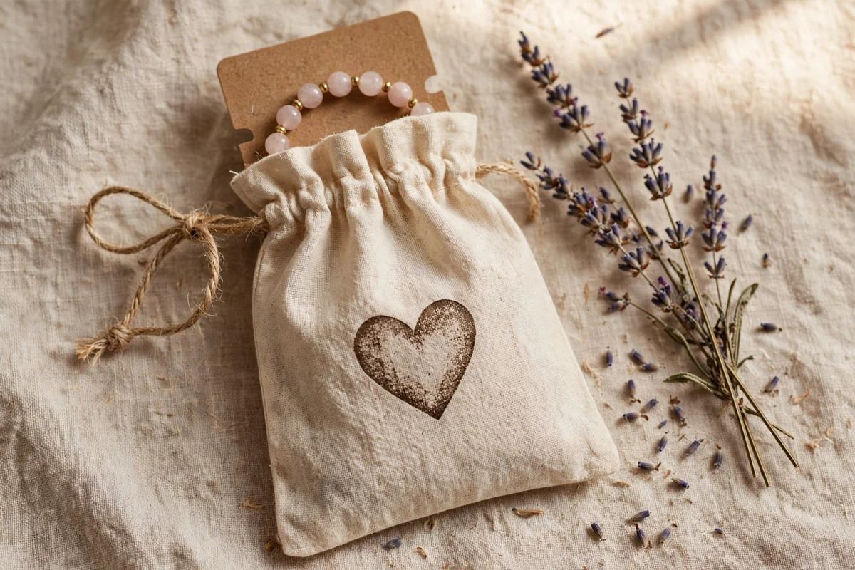 Cotton muslin pouch with twine tie and dried lavender beside it