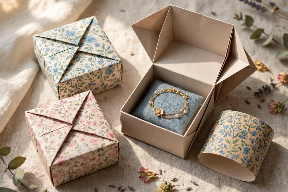 Folded origami keepsake boxes with a bracelet inside one open box