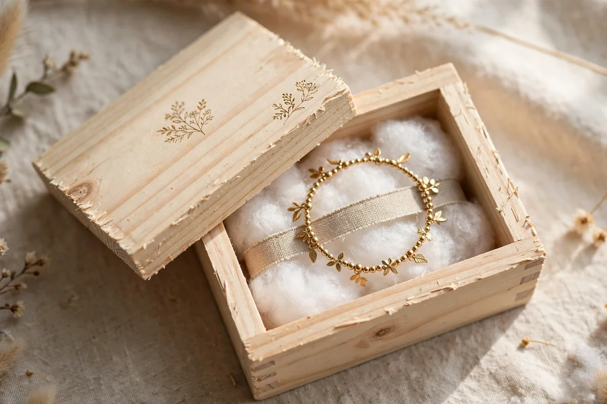 Small wooden treasure box with bracelet on cotton batting inside
