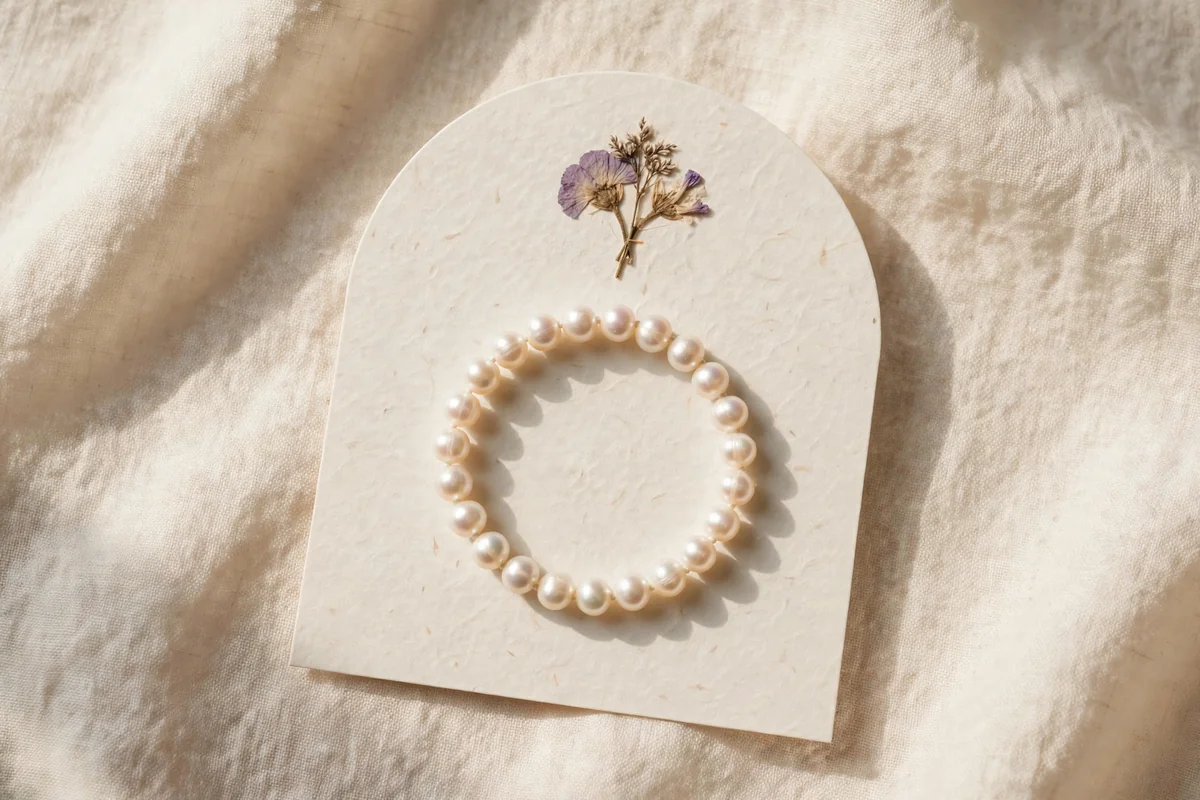 Arched ivory display card with pressed flower and pearl bracelet
