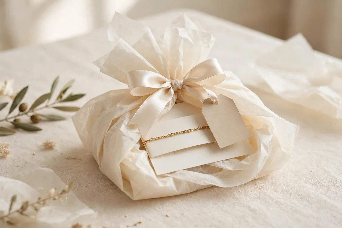 Bracelet card wrapped in ivory tissue with satin ribbon bow