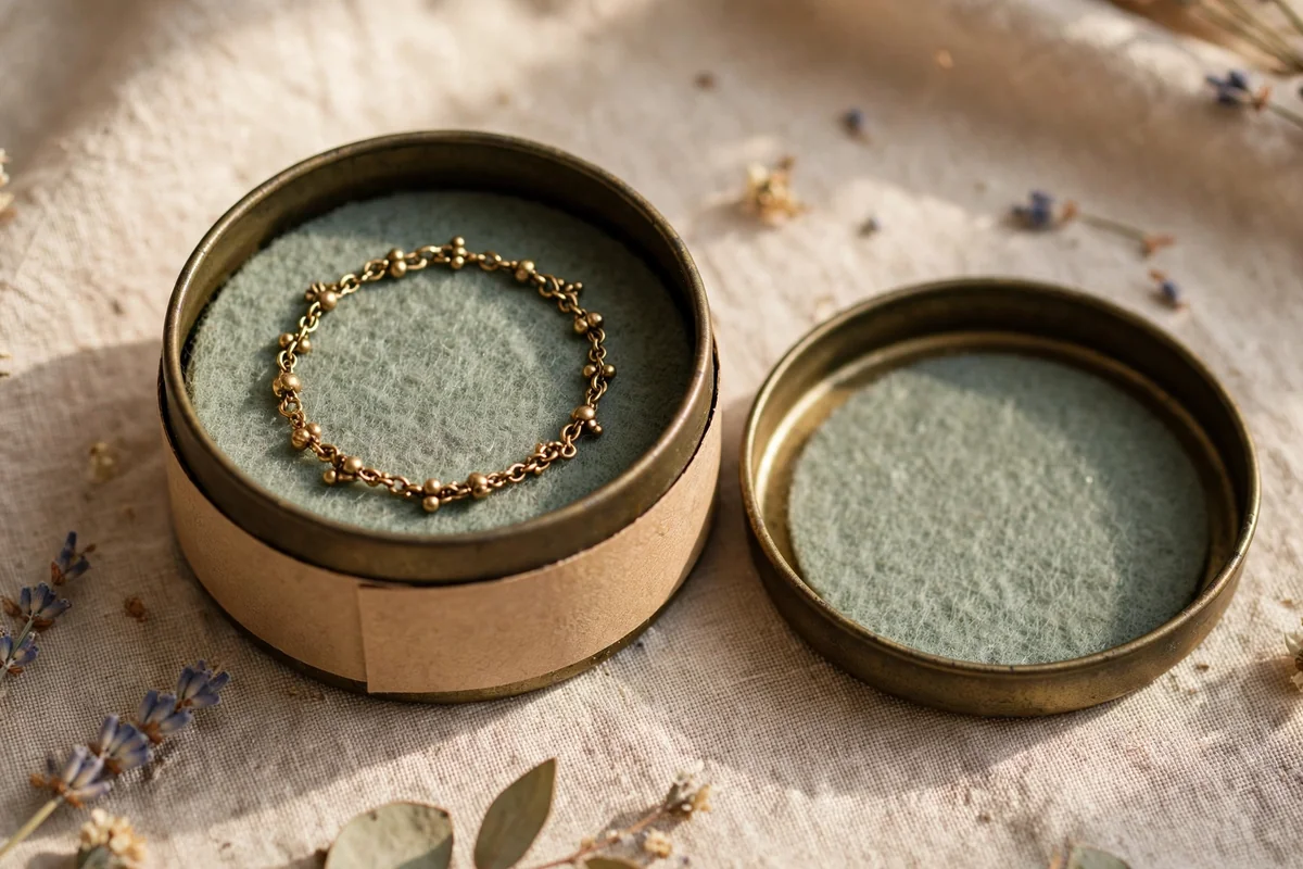 Round metal keepsake tin with bracelet on felt lining inside