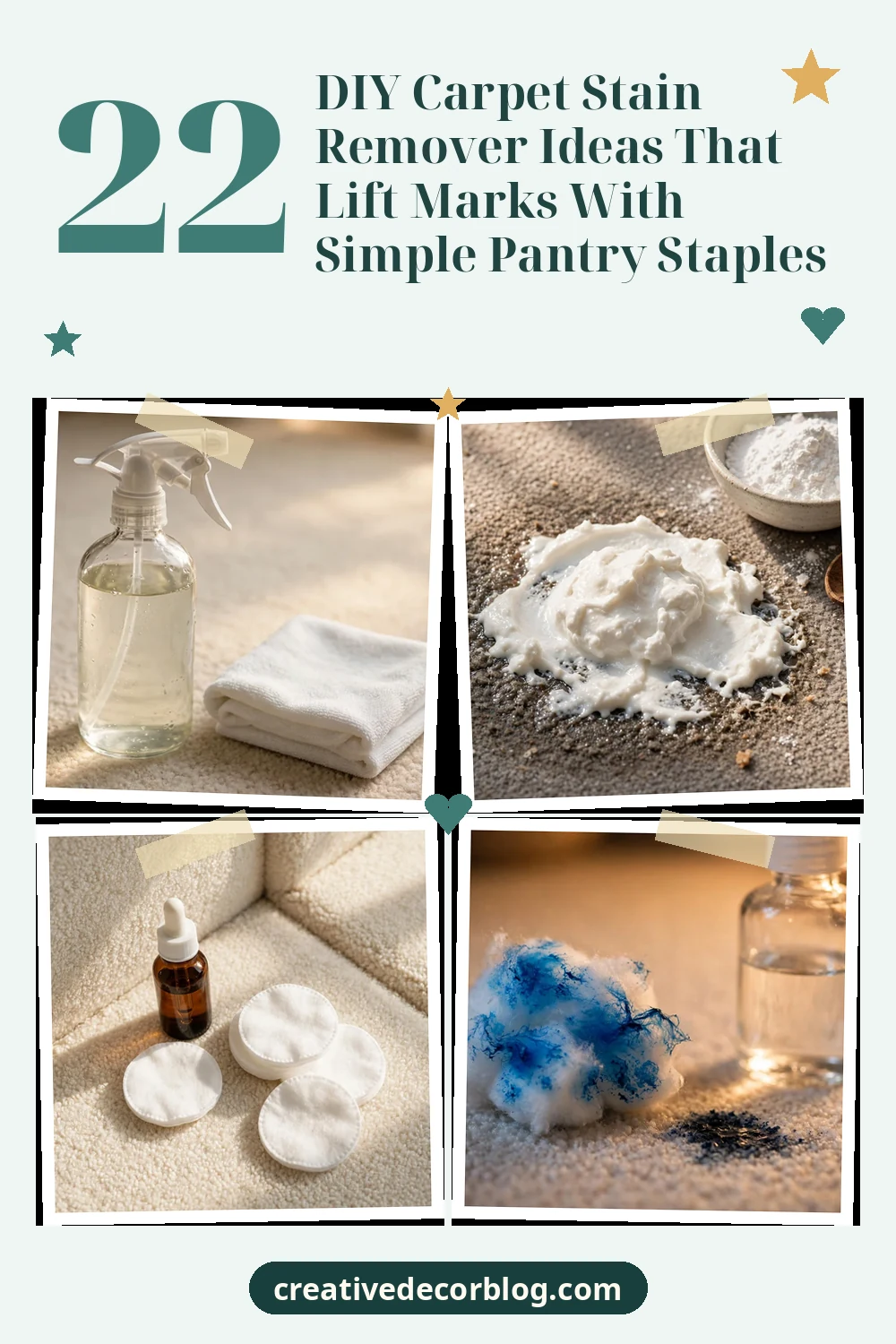 Pinterest pin collage of homemade carpet cleaning staples with the title 22 DIY Carpet Stain Remover Ideas That Lift Marks With Simple Pantry Staples