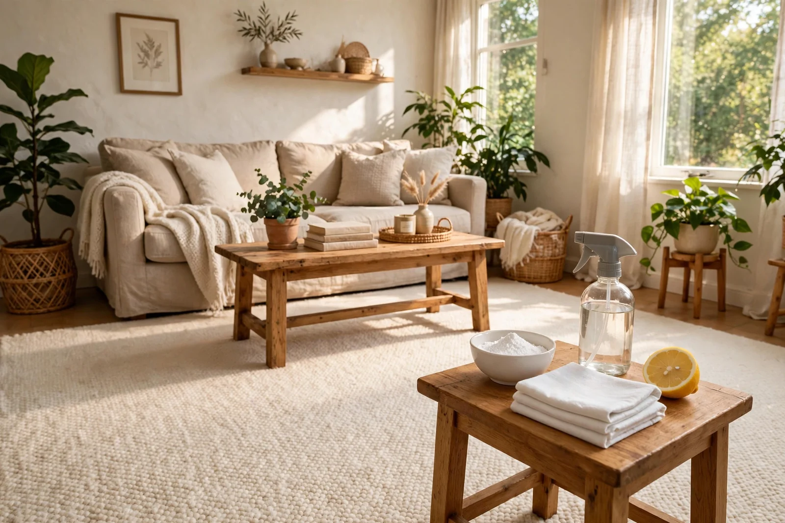 Bright living room carpet with a spray bottle, a bowl of baking soda, folded white cloths and a lemon on a side table
