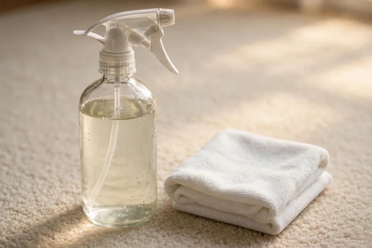 Glass spray bottle of vinegar water on a beige carpet beside a folded white cloth