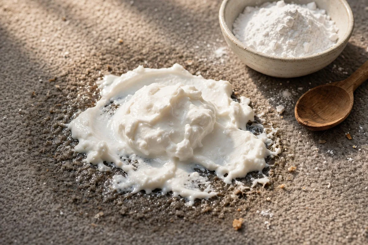 Thick baking soda paste spread on a greasy spot of grey carpet with a small bowl nearby