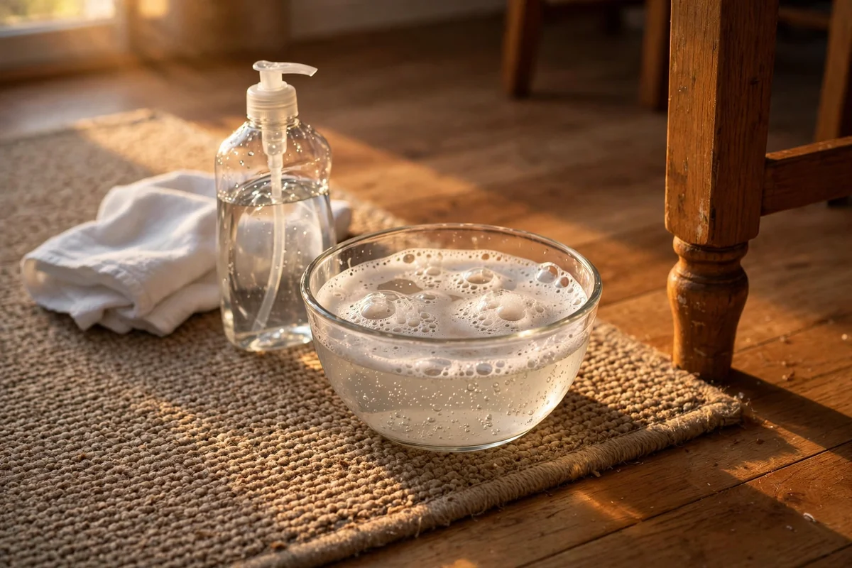 Bowl of warm soapy water with gentle suds beside a dining room carpet