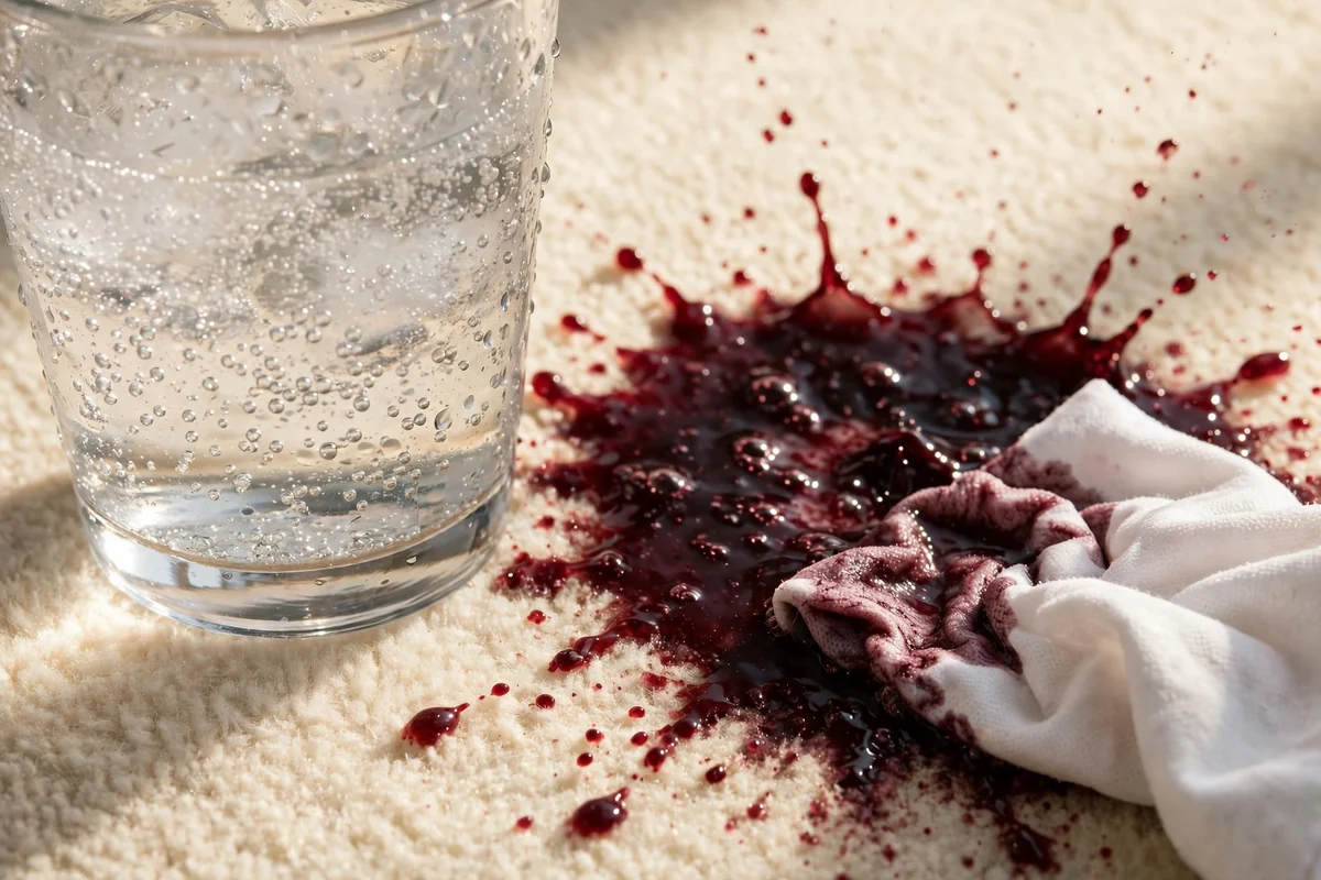 Glass of club soda beside a dark grape juice splash on cream carpet