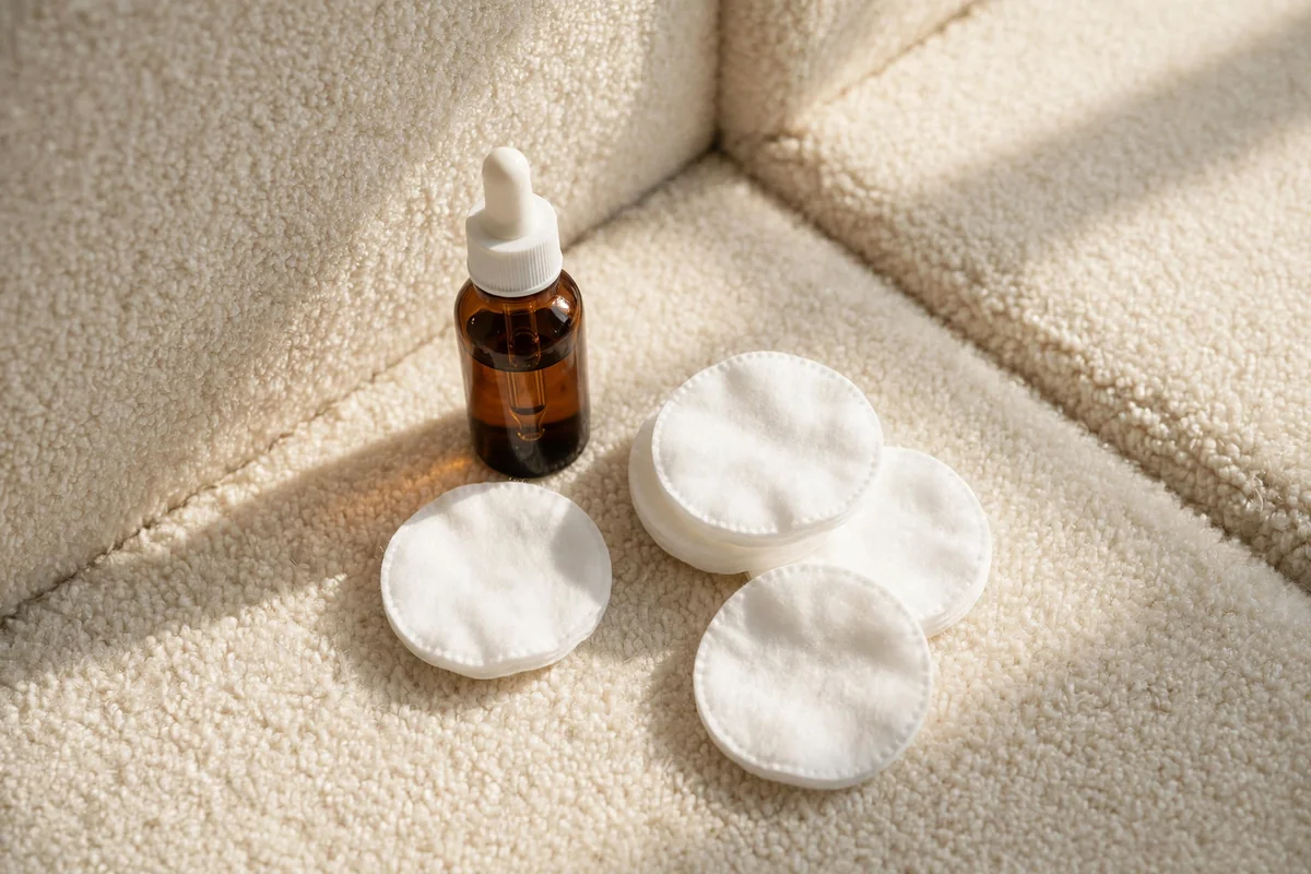 Small brown bottle of hydrogen peroxide and cotton pads on a pale carpet corner