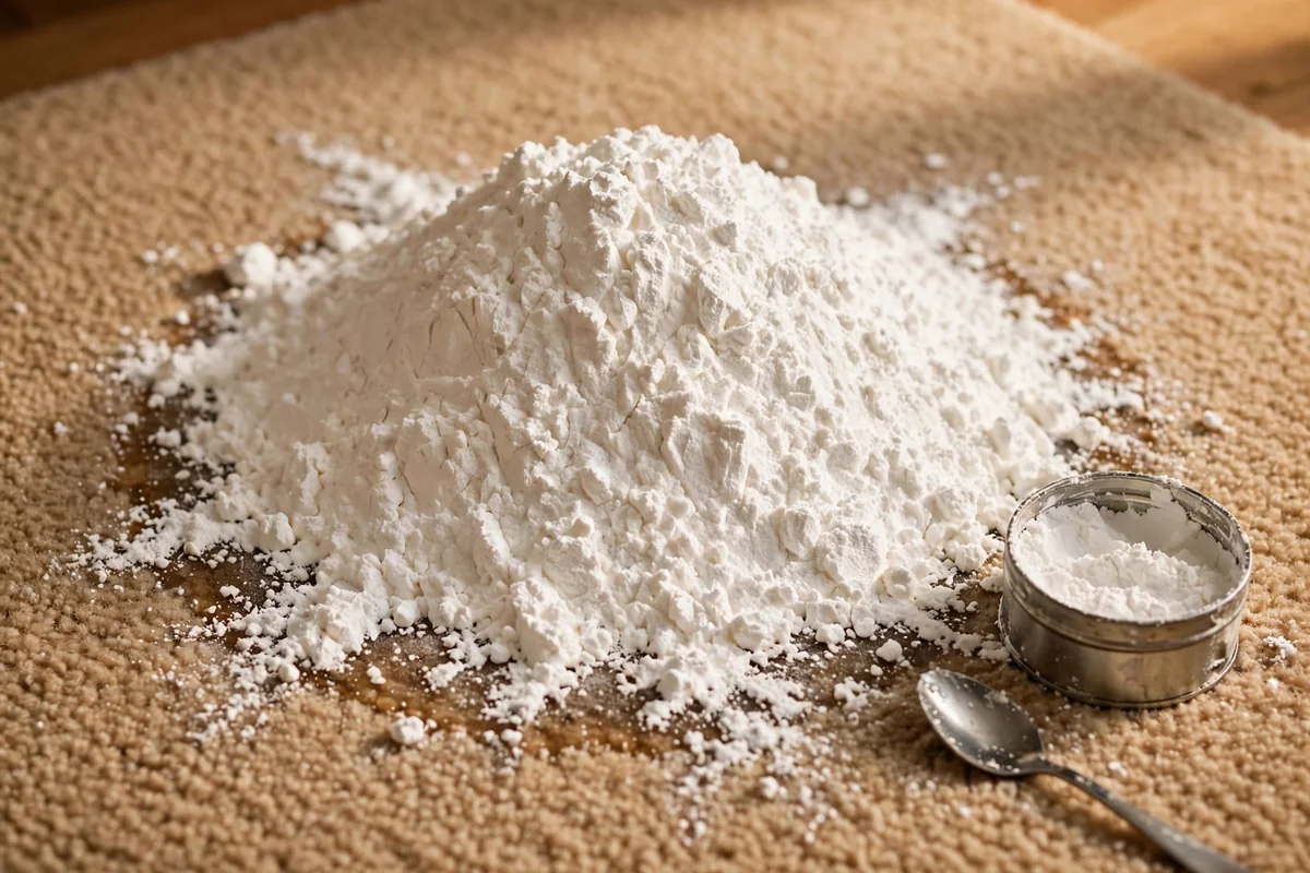 White cornstarch mound covering an oil spot on warm tan carpet