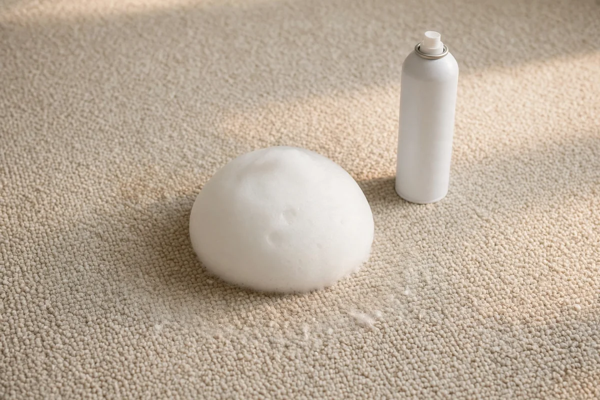 Smooth dome of white shaving foam resting on a faint carpet mark