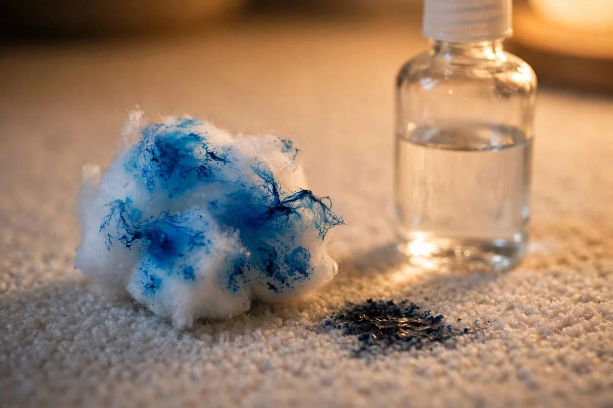 Cotton ball carrying blue ink beside a small ink mark on pale carpet