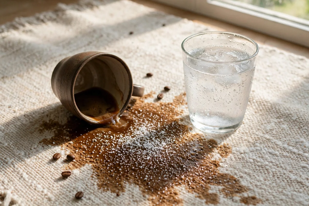 Salt sprinkled over a coffee spill on a light rug with a glass of sparkling water