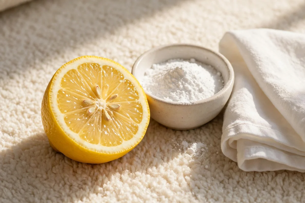 Halved lemon and a bowl of baking soda arranged on a bright ivory carpet